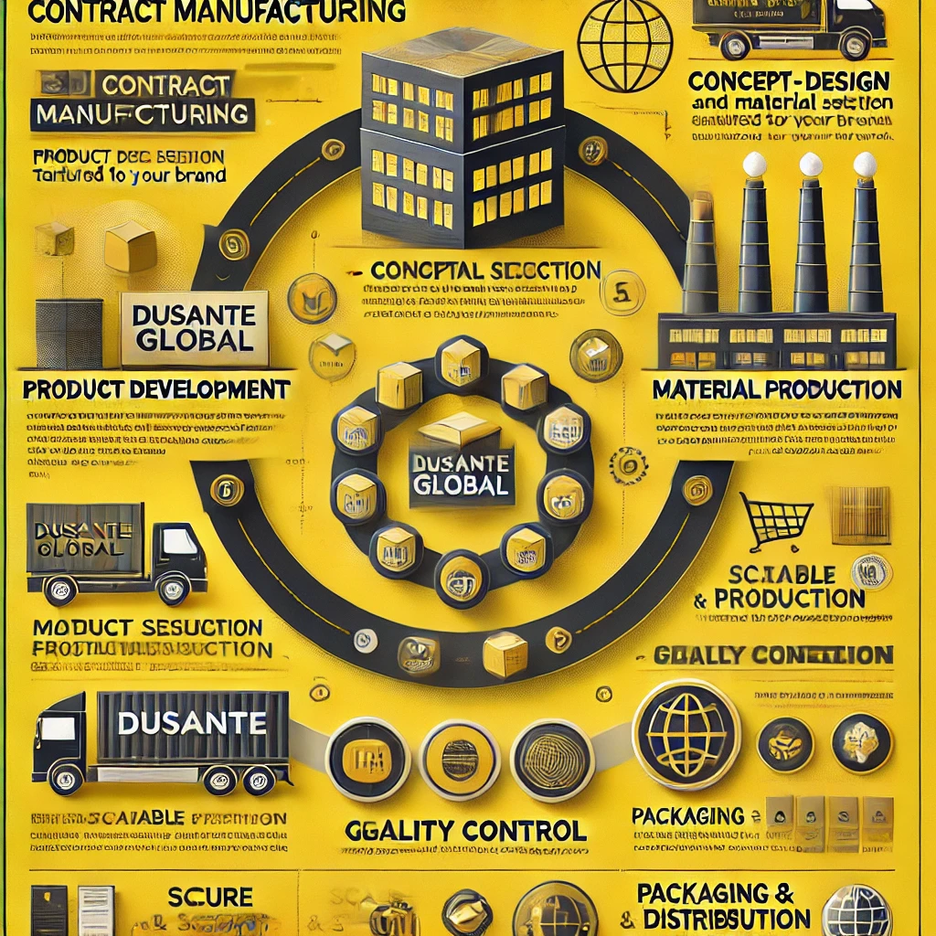 Contract manufacturing process infographic showing design, production, and logistics
